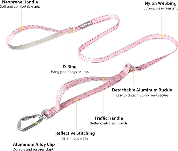 Dog Leash and Collar, Dog Seat Belt for Car, Reflective Nylon, Metal Buckle, IP68, Padded Handle Leash, Durable and Comfortable, for Small Medium Large Dogs (Blush Pink, M)