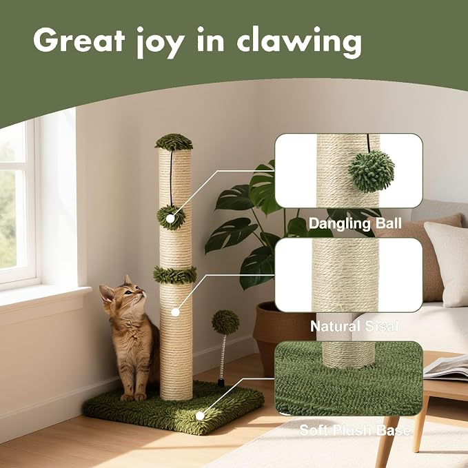 MECOOL Cat Scratching Post Premium Basics Kitten Scratcher Sisal Scratch Posts with Hanging Ball 22in for Kittens or Smaller Cats, Cactus Green - Image 2