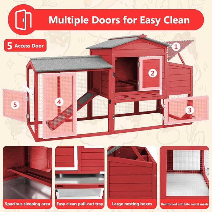 Chicken Coop for 2-3 Chickens, with Large Nesting Box, No-Slip Ramp & Pull-Out Tray, Wooden Poultry Bunny Hutch for Outdoor Indoor