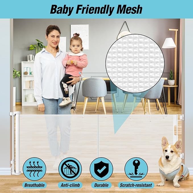 24 Inches Tall Retractable Dog Gate for The House, Short Baby Gates to Step Over, Extends up to 55" Wide, Reinforced Mesh Puppy Gate for Doorways, Step Over Pet Gate for Stairs, Indoor/Outdoor (White)