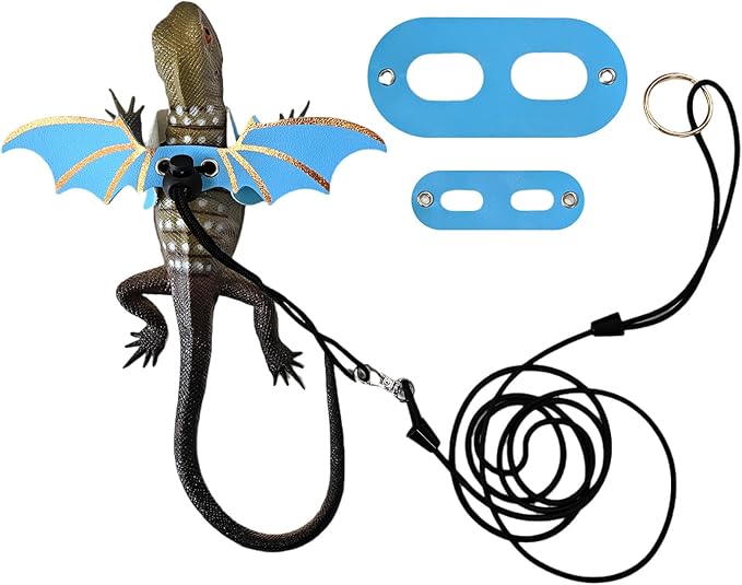 Dinosaur Wing Leash Harness for Bearded Dragons - 3-Size Adjustable Reptile Harness Set, Safe Escape-Proof Design for Lizards, Geckos, Iguanas & Small Pets (Blue)