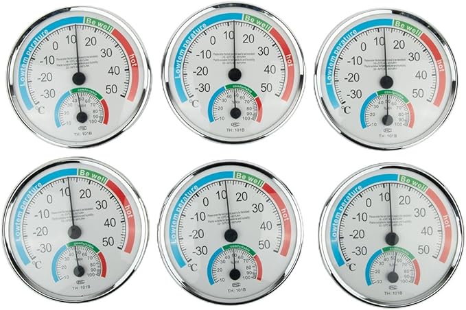 Analogue Room Climate Monitor with Temperature Humidity Gauge for Wall Mount or Stand, Indoor Use in Bathroom Sauna Nursery Bedroom Terrarium Reptile(6pcs)