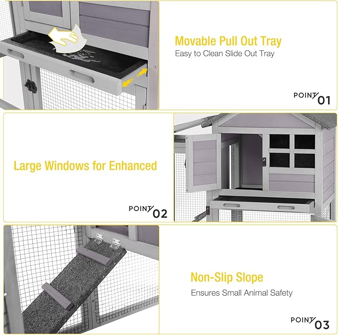 Aivituvin 51.6''L Rabbit Hutch Outdoor Chicken Coop Indoor Bunny Cage with Run,Guinea Pig House Pull Out Upper Tray 51.6" L x 25.2" W x 36.2" H (Grey)