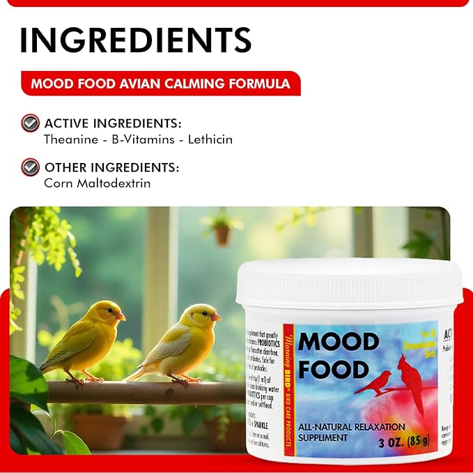 Morning Bird Mood Food 3 oz – Natural Calming Supplement for Birds – Non-Sedating - Unwanted Behavior, Feather Plucking & Aggression – Gentle Stress Relief Achieved with Amino Acids and B-Vitamins
