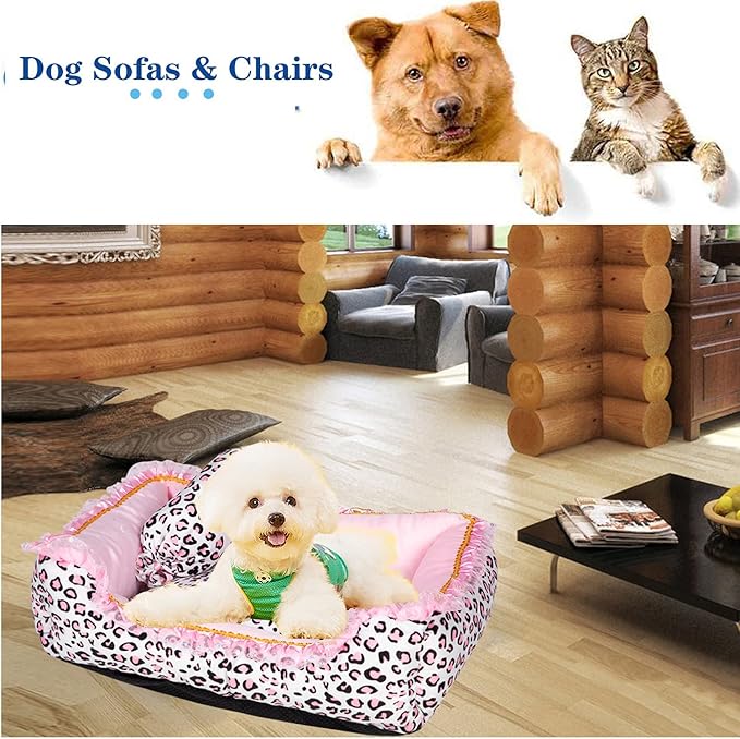 Gigreinc Dog Bed for Small Dogs - Cute Pink Leopard Dog Bed,Cat Beds for Indoor Cats Washable - Square Shape Cat Dog Sofa Bed Pet House Nest Cave(M, 20.8"L x 18"W x 5.5"）