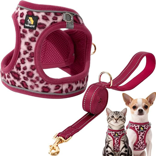 BELLA & PAL Step in Vest Harness for Small and Medium Dogs, No Pull Small Dog Harness with Leash Set, Comfortable Air Mesh Dog Vest Harness with Reflective Strip (Pink Leopard, XS)