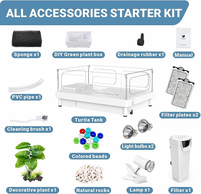 GOZILLA Small Turtle Tank Kit(Tank+Lamp+Filter), Acrylic Aquarium Turtle Starter Kit Habitat with Multi-Functional Areas for Small Reptiles. (White Kit)
