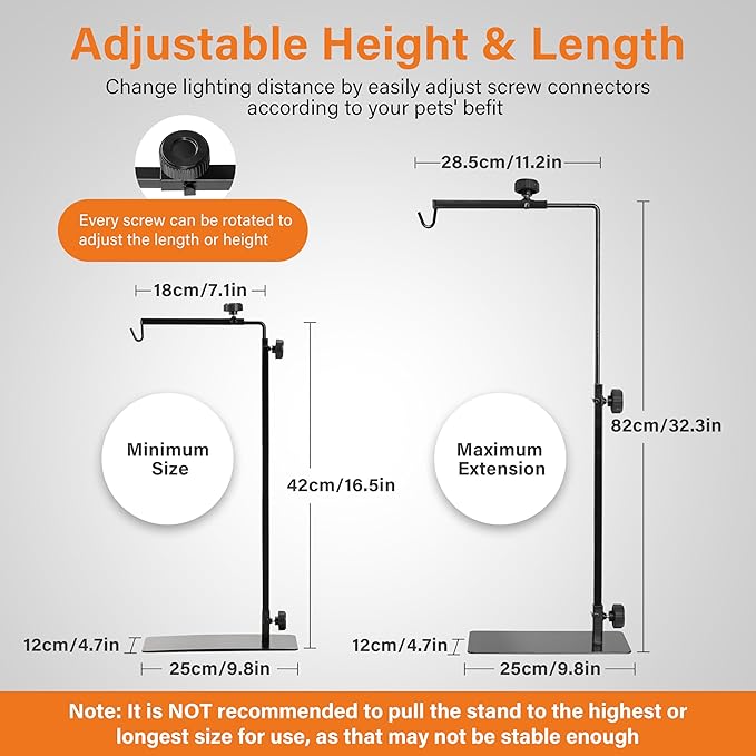 Simple Deluxe Reptile Lamp Stand Metal Light Holder Adjustable Height 16-32 inch, for Amphibian Terrarium Heating-Light and Aquarium Tank