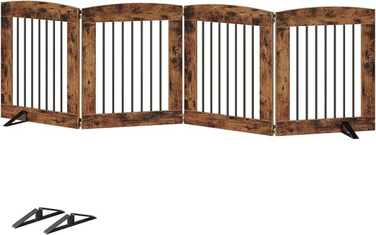 HOOBRO Indoor Dog Gate with Support Feet, 24 Inch 4 Panels, Freestanding Pet Gate for Doorway, Stairs, Folding Dog Fence, 360° Hinge for Easy Access, Sturdy Iron Pipe, Rustic Brown BF54PP03
