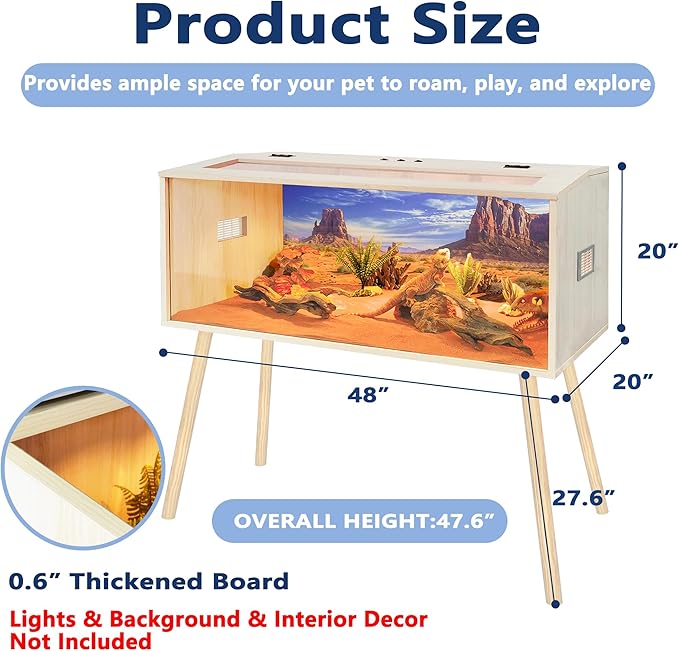 Prolee 80 Gallon Reptile Tank, Tempered Glass Bearded Dragon Tank with Wooden Roof and Lockable Doors, Large Lizard Habitat with Built-in Lamp Fixture for Snakes, Iguanas, Chameleons (Oak)