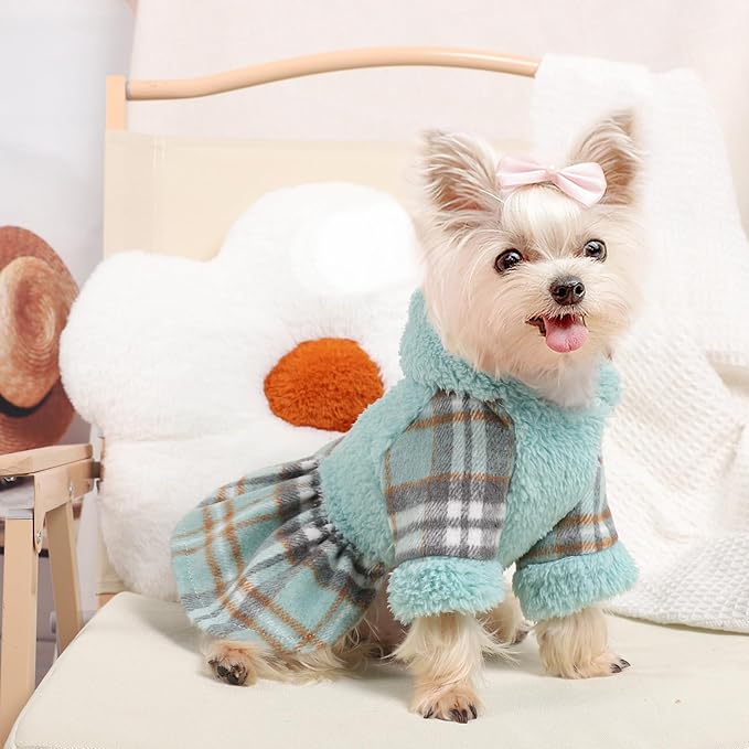 Dog Hoodie Dress Winter Pet Sweaters for Small Dogs Girl Cold Weather Warm Puppy Dresses Plaid Pet Clothes Outfits for Chihuahua Yorkie Teacup Cat Skirt Coat Apparel Clothing (X-Small, Blue)