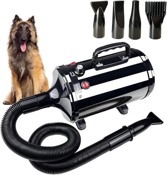 High Velocity Professional Dog Grooming Dryer,Adjustable Temperature and Speed Hair Dryer for Pets with 4 Nozzles