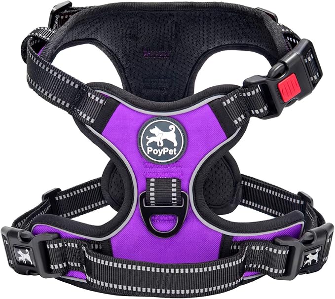 PoyPet No Pull Dog Harness, No Choke Front Lead Dog Reflective Harness, Adjustable Soft Padded Pet Vest with Easy Control Handle for Small to Large Dogs(Purple,S)