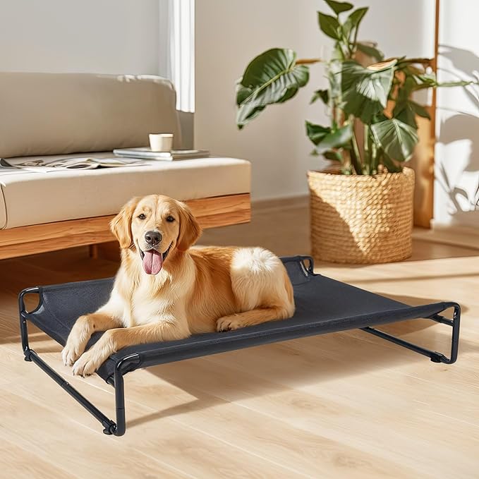 Veehoo Outdoor Elevated Dog Bed,Raised Dog Beds for Large Dogs, Washable Dog Cot with Headrest Sides, Non-Skid Feet, Breathable Mesh, Cooling Pet Hammock for Indoor or Camping, 42", Black