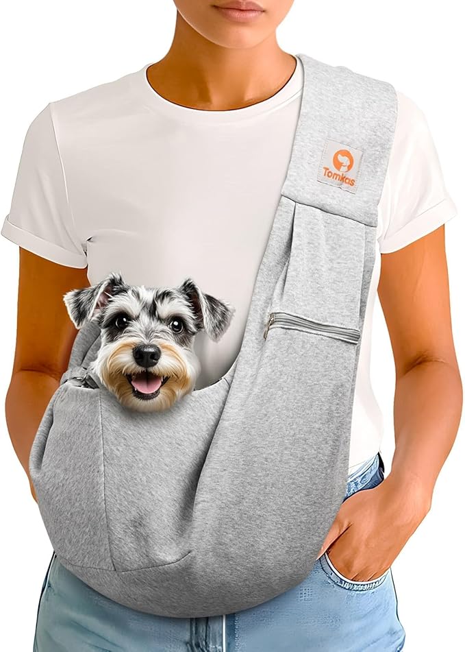 Tomkas Small Dog Sling Carrier - Zipper Pocket & Adjustable Strap & Zip Pocket - for 3-10 lbs Pets (Grey, M - Zipper Pocket & Classic Strap)