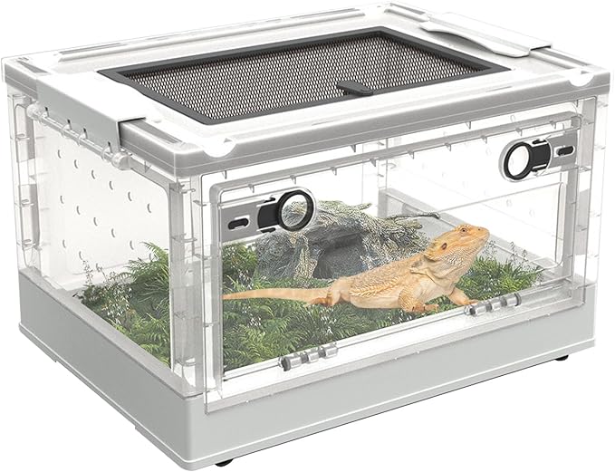 PINVNBY Plastic Reptile Feeding Box with Wheels,Reptiles Breeding Enclosure Cages Transparent Amphibians Habitat Terrarium Tank Portable Transport Container for Lizard,Bearded Dragon(White)