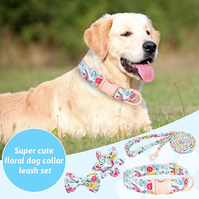 Dog Collar and Leash Set Girls Adjustable Puppy Collars with Floral Bow Tie for Small Medium Large Female Dogs, Teal Flower, L