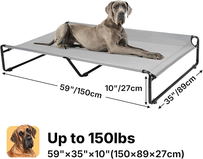 Veehoo Raised Dog Beds for XXL Dogs, Washable Dog Cot with Headrest Sides, Outdoor Elevated Dog Bed with Non-Skid Feet, Breathable Mesh, Cooling Pet Hammock for Indoor or Camping, 59", Grey