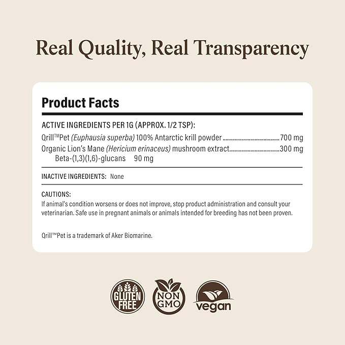 Real Mushrooms Lion’s Mane with Qrill Pet - Lion's Mane for Dogs and Cats with Krill Meal, Beta-Glucan Rich Mushroom Extracts for Immune, Digestion, and Brain Support for Puppies and Kittens, 75g