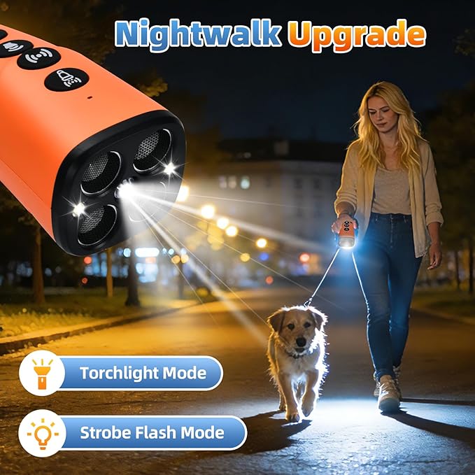 4X Ultrasonic Dog Bark Deterrent Device, 2026 Newest Stop Neighbors Dog Barking, 4 Nozzles Up 100% Efficiency, 3 Modes Humane Training Tool with Flashlight , Safe for Pet Indoor Outdoor（Orange）