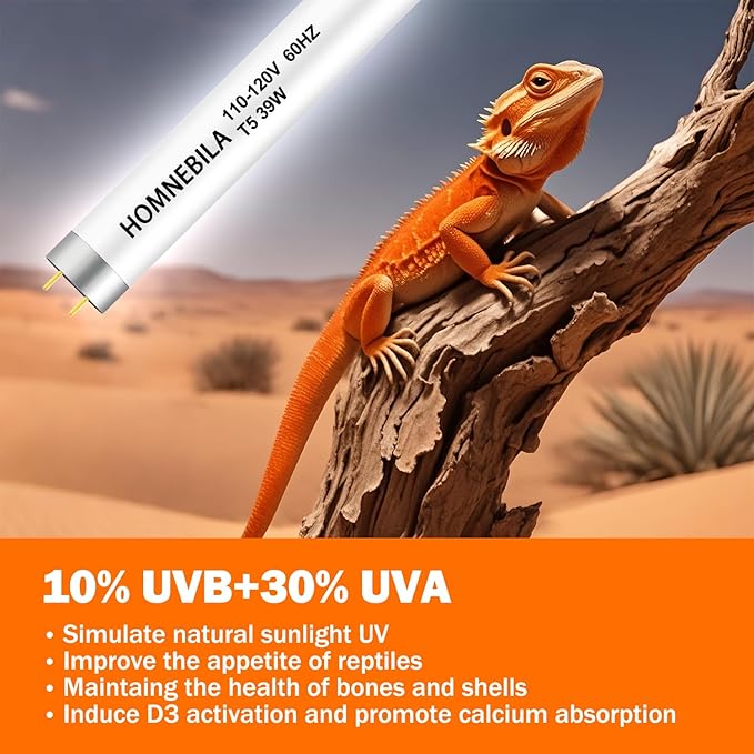 T5 10.0 UVB Reptile Light Bulb 39W, 2-Pack 34 Inch UVB/UVA Lamp Tube for Bearded Dragon, Lizards, Chameleons