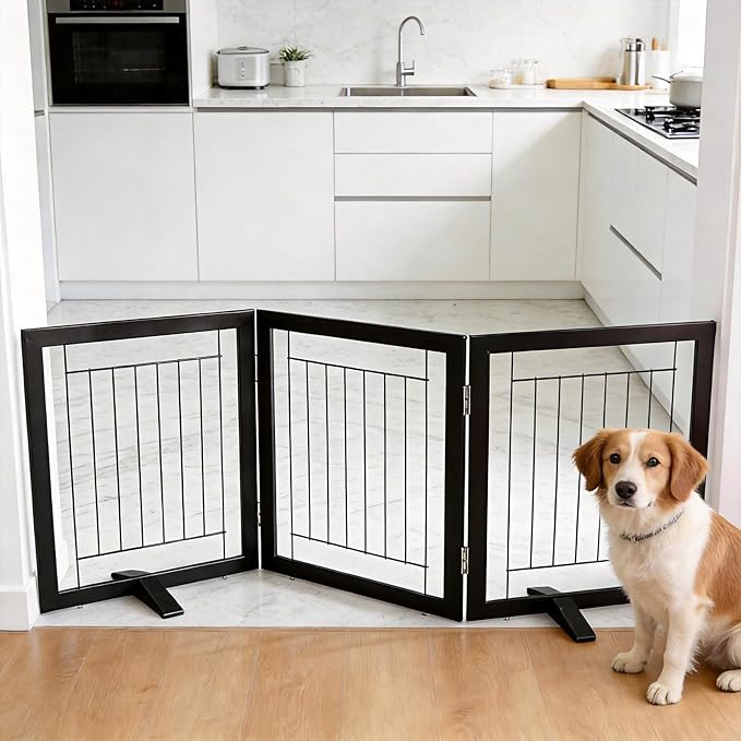 ZJSF Freestanding Dog Gate Indoor, Foldable Dog Fence for Doorways,Hallways or Stairs, Sturdy Wood Extra Wide Pet Gate with Support Feet,Black,24 "Height-3 Panels