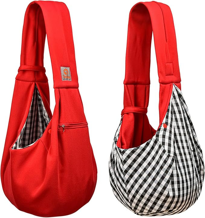 Tomkas Small Dog Sling Carrier - Zipper Pocket & Adjustable Strap & Zip Pocket - for 3-10 lbs Pets (Red, M - Zipper Pocket & Classic Strap)