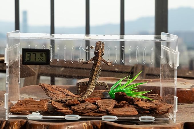 Pet Terrarium Set, Acrylic Reptile Tank with Heating Pad and Hygrometer, Clear Rectangular 12x8x6Inches, Waterproof Modern Design for Small Pets