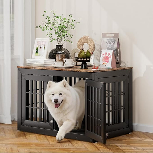 Snuowu 42" Heavy Duty Dog Crate Furniture for Small,Medium and Large Dogs,Rustic Wooden Dog Cage Kennel Indoor Furniture with Waterproof Top,Decorative Pet House Side End Table (Black & Wood)