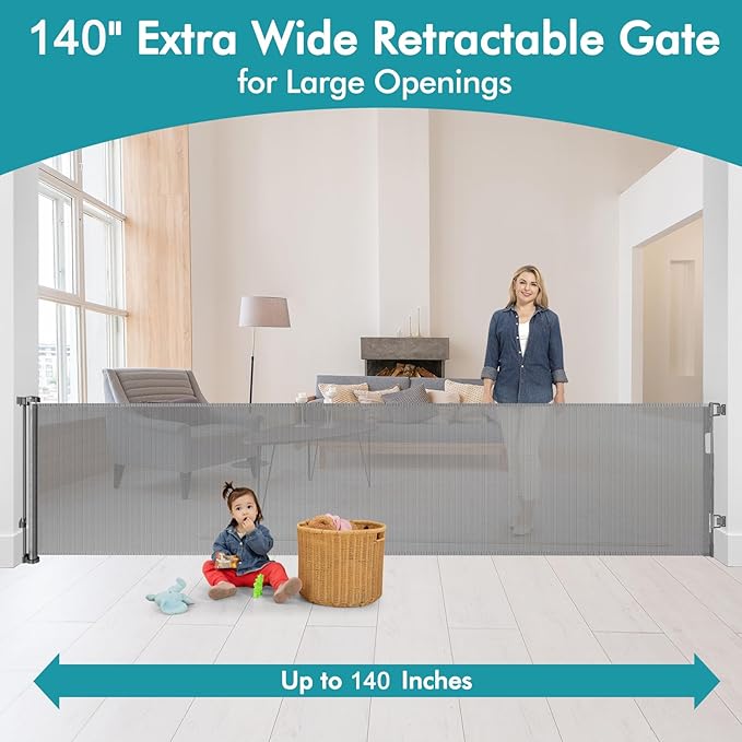 140 Inch Extra Wide Retractable Baby Gate Extra Long Dog Gate Indoor Outdoor Retractable Gate, Mesh Baby Gate Retractable Pet Gate for Large Openings, Large Dog Gate Retractable Gates for Dogs, Gray