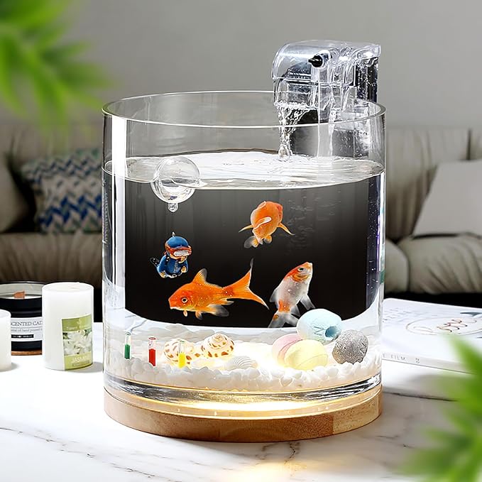 Aquarium Starter Kits 0.81-Gallon Fish Tank（6 inches） for Beginner Cylindrical Betta Fish Bowl with Wooden Base LED Light Water Pump Accessories Self-Cleaning Filter Copyright Patent