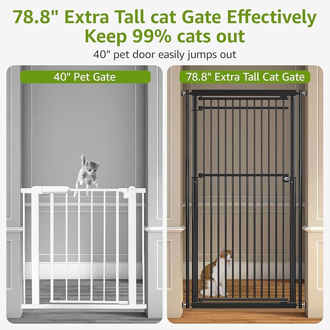 78.8" Extra Tall Cat Gate, 28.3-33" Wide Safety Metal Cat Door, Pressure Mounted Easy Walk Through Pet Gate with Door for Stairs, Doorways, Black
