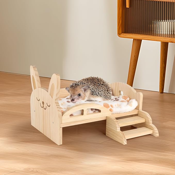 HOSUKKO Wooden Guinea Pig Bed with Mat 13.5IN X 9.3IN Detachable Hideout with Stairs Small Animal Cute Warm Habitats for Hamsters Ferret Bunny Sleeping Hiding