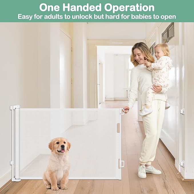 80 Inch Retractable Dog Gate for Doorways Retractable Mesh Baby Gate for Stairs 33” Tall Retractable Baby Gates Outdoor Deck Gate for Pets Barrier Retractable Gates for Dogs Indoor Child Safety Gate