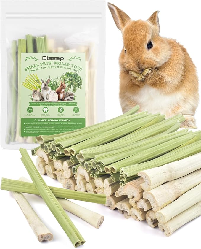 Bissap 80PCS Rabbit Chew Sticks, 40PCS Sweet Bamboo Chew Sticks & 40PCS Papaya Stems Bunny Chews for Rabbit Hamster Chinchilla Guinea Pig Small Animals Natural Molar Treats