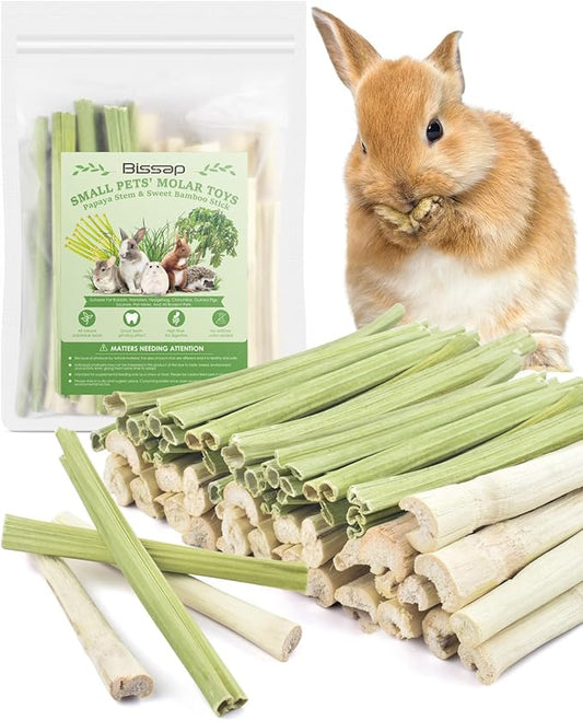 Bissap 80PCS Rabbit Chew Sticks, 40PCS Sweet Bamboo Chew Sticks & 40PCS Papaya Stems Bunny Chews for Rabbit Hamster Chinchilla Guinea Pig Small Animals Natural Molar Treats