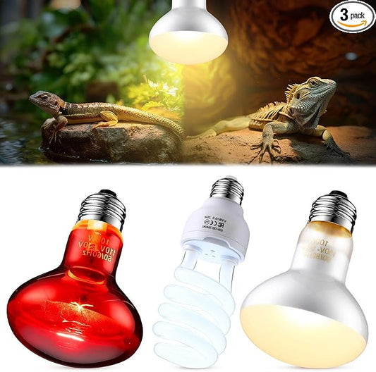 VIHOSE 3 Pcs Reptile Heat Lamp Combo, Include 100w UVA Day Heating Lamp and Infrared Heat Bulb, 26w Energy Saving UVB Bulb, Basking Light for Reptiles Bearded Dragon Turtles Snake Lizard