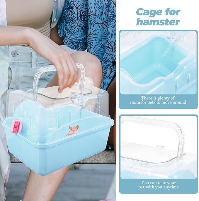 DOITOOL Hamster Cage Small Animal Cage, Portable Travel Cage for Small Animals, Dwarf Hamster Travel Carrier with Carry Handle for Going Out, Traveling (Blue)
