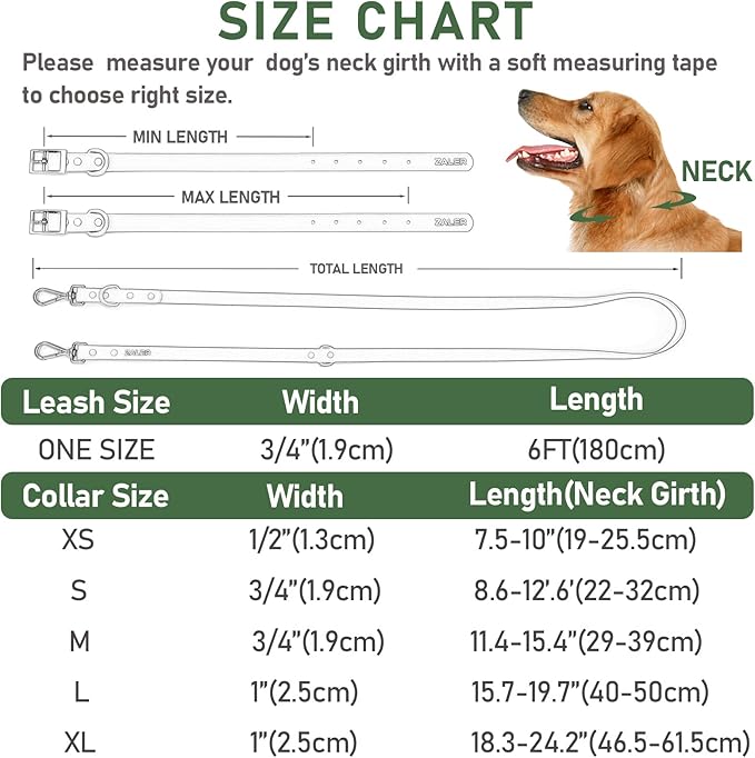 ZALER Dog Collar and Leash Set, Waterproof Adjustable Odor Proof Pet Collars Leashes Easy to Clean, 6FT Dog Leash with 2 Hooks for Large, Medium Small Dogs (S, Green)