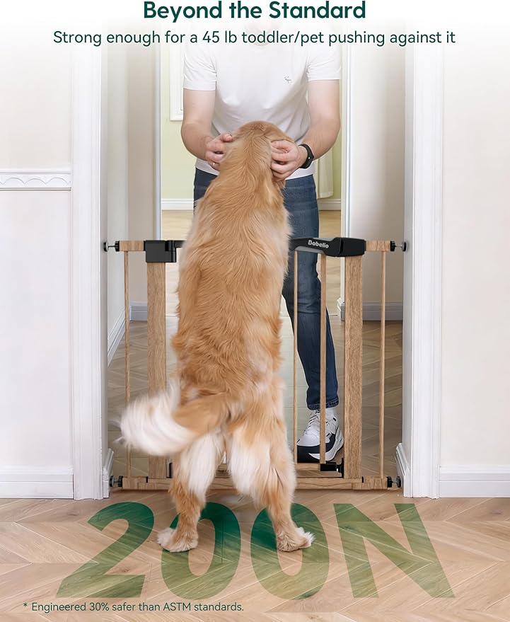 Babelio 29-48" Metal Baby Gate with Brown Wood Pattern, Auto Close Dog Gate PressGuard P7 for The House, Stairs and Doorways, Pressure Mounted Pet Gate with Door, Safety Gate for Child and Pets