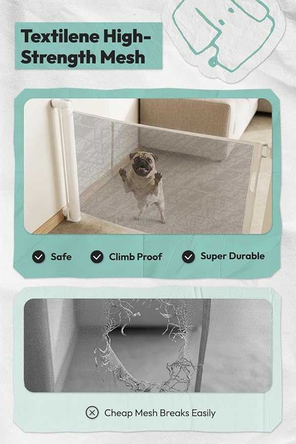 15.7" H Mesh Short Dog Gate, Extends Up to 59" W Retractable Pet Gate with Drill Installation, Small Dog Gate for Stairs, Easy Step Over Low Puppy Gate for Doorways Indoor Outdoor, White