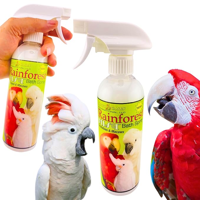 King's Cages Rainforest Mist White Spray 17 oz. Feather Conditioning Bath Mist with Vanilla Scent for Cockatoos and Macaws Parrots