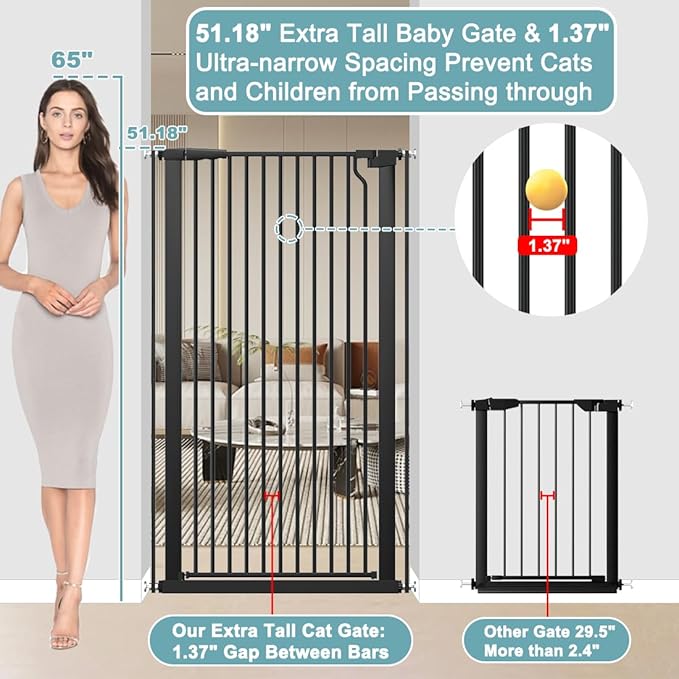 51.18" Extra Tall Pet Gate for Cats Dogs-29.6"-40.5" Extra Wide Baby Cat Gate for Stairs and Doorways-1.37" Ultra Narrow Spacing Dog Gate Dog Door with One-Handed Operation(29.6"-40.5")