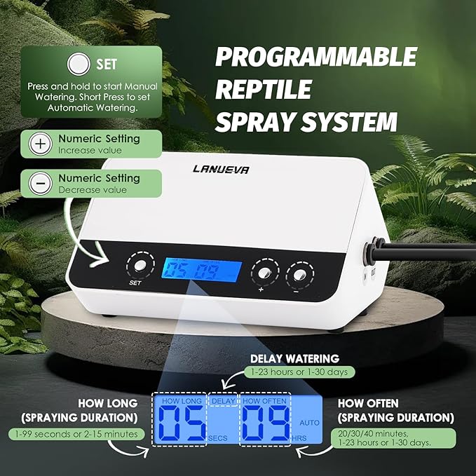 LANUEVA Timing Reptile Smart Mister, Terrarium Misting System with 3 Single Nozzles 360°Adjustable + 1 Double Nozzle, Reptile Fogger Humidifier for Lizard, Chameleon, Plants, Amphibian, Vivarium, Tank