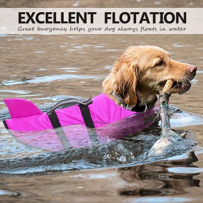 Queenmore Ripstop Dog Life Jacket Shark Life Vest for Dogs, Safety Lifesaver with High Buoyancy and Lift Handle for Small and Medium Breeds（Rose Red L）