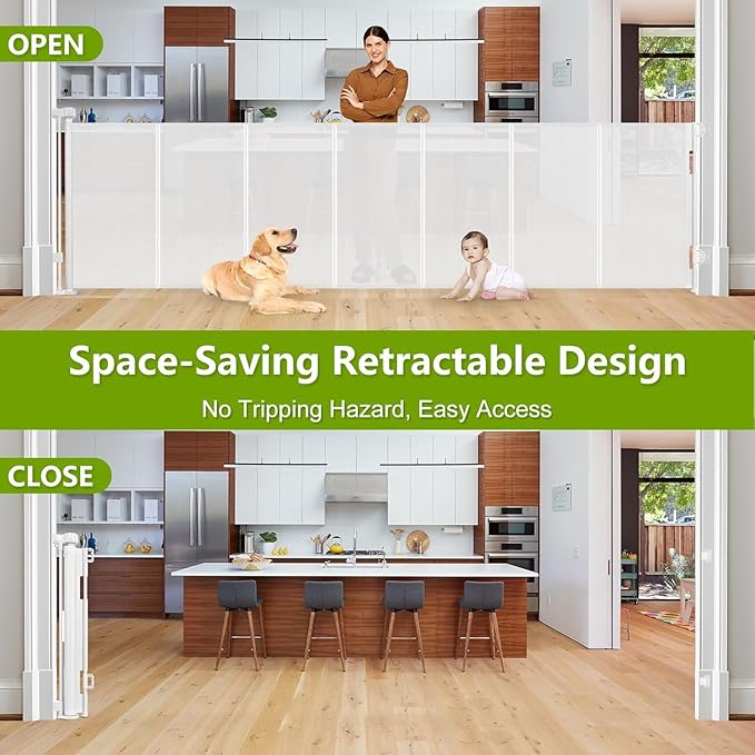 Reinforced 42" Tall x 195" Extra Wide Retractable Baby Gate with Support Rods - Prevent Crawling Under, Extra Large Baby Gate Retractable Dog Gate Indoor Tall Dog Gate Outdoor Gates for Decks, White