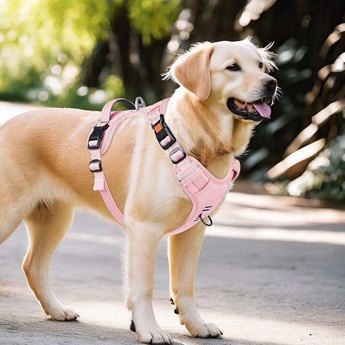Timos Dog Harness Large Sized, No Pull Pet Harness with Neck Lockable Snap,No Choke Front Clip Dog Reflective Vest,Adjustable Metal Rings 3 Buckles,Easy Control Handle for Large Dogs Pink XL