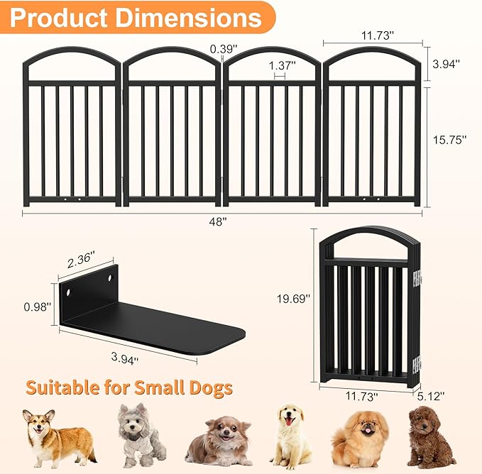 Snughome Short Dog Gate Indoor, 19.69" H Freestanding Small Dog Door Gates with Support Feet, Expands Up to 48" Wide Foldable Pet Gates for Doorway, 4 Panel Folding Pet Door Pet Fence for Puppy, Black