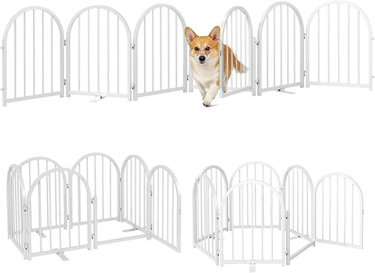 PUPETPO Full Metal Dog Gate with Door for Indoor Outdoor, 24" Tall Free Standing Pet Dog Fence, 108" Extra Wide Pet Gates for Stairs, Hallways, Doorways, Kitchen, Decks, Yards (White, 6 Panels)