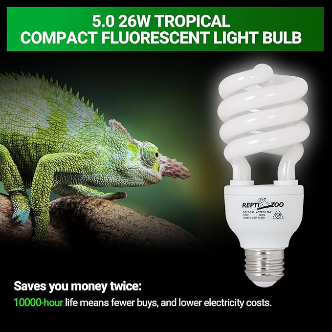 REPTI ZOO UVB Light for Tropical Reptile, 2 Pack 5.0 26W UVA UVB Reptile Light Bulb, UVB Lamp for Crested Gecko Leopard Gecko Frog Toad Snake Chameleon